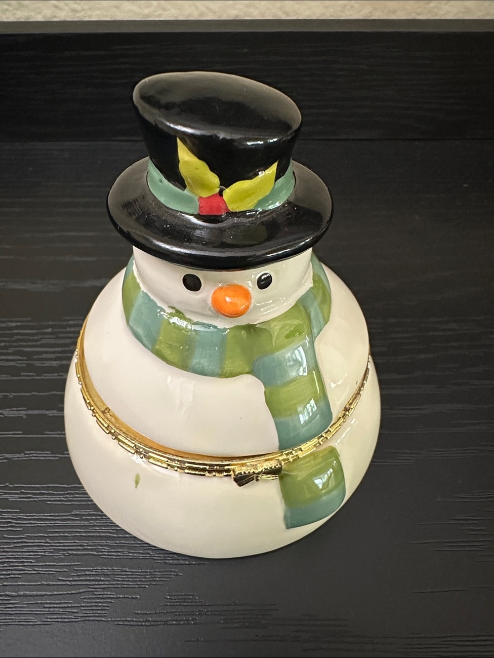 Hand-Painted Ceramic Snowman Trinket Box with Green Scarf and Black Hat